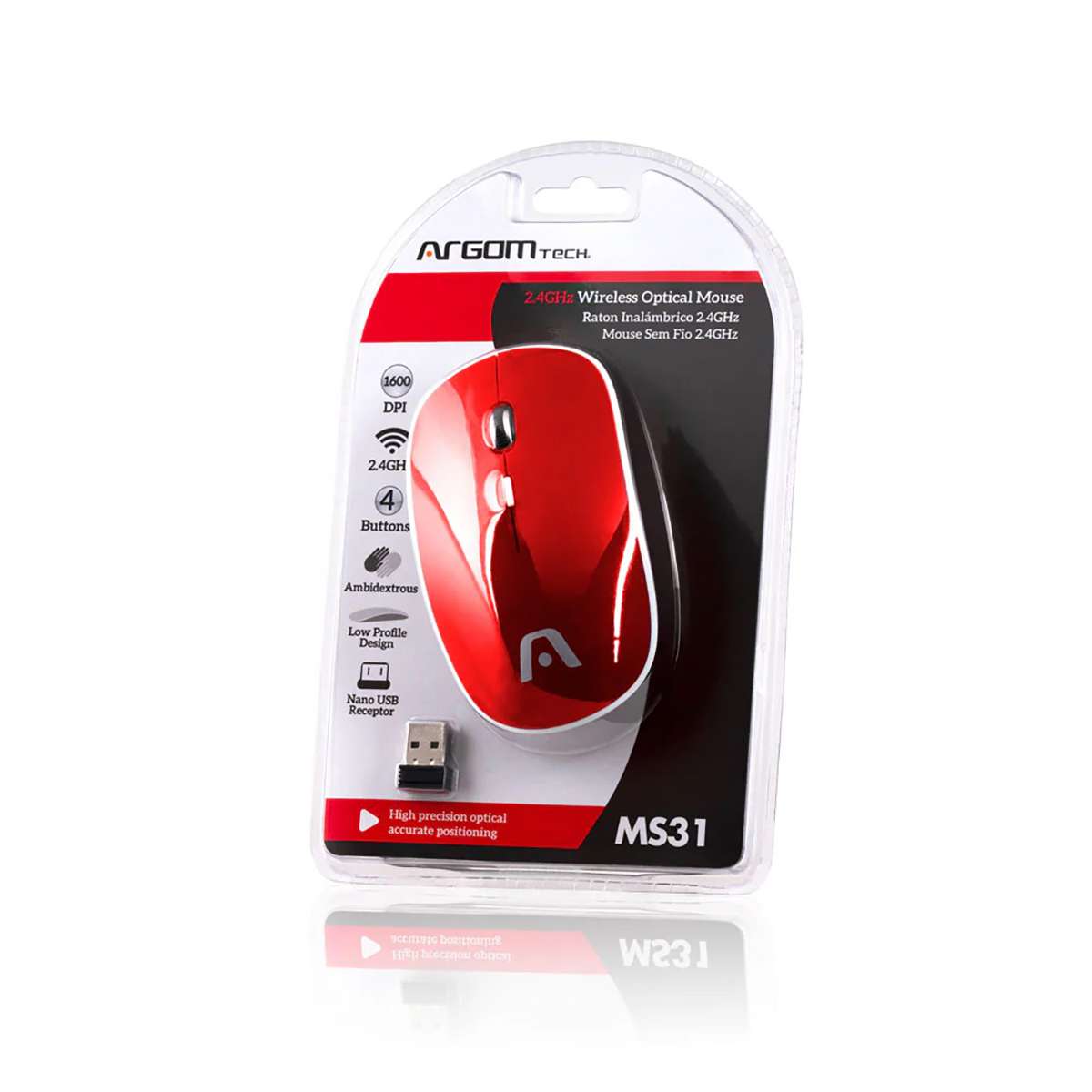Mouse Wireless Argomtech MS31 2 2.4 GHz 4 Botones Rojo